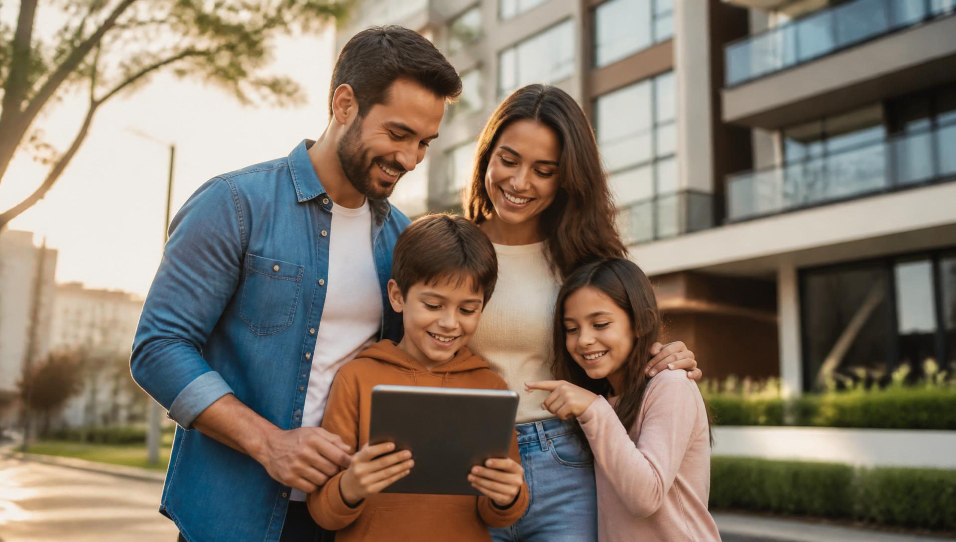 Família feliz pesquisando apartamentos mobiliados para alugar em Curitiba e região no site Alugue Fácil